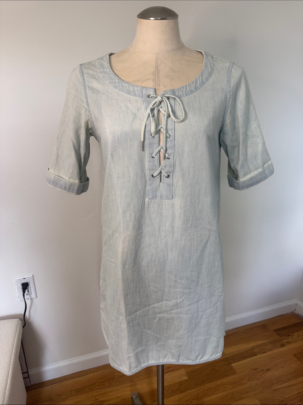 Rag & Bone Light Wash Denim Lace-Up Shift Dress